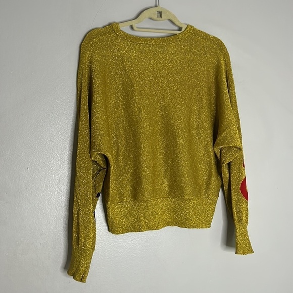 RACHEL ROY Gold Stretch Metallic Ribbed Graphic Long Sleeve Crew Neck Sweater Md - Picture 7 of 9